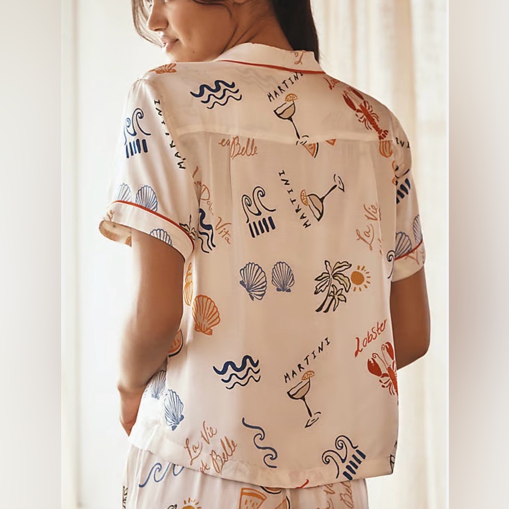 Anthropologie Silky Button Down Pajama Top Lobster Martini Intimates SZ Large - Picture 7 of 7